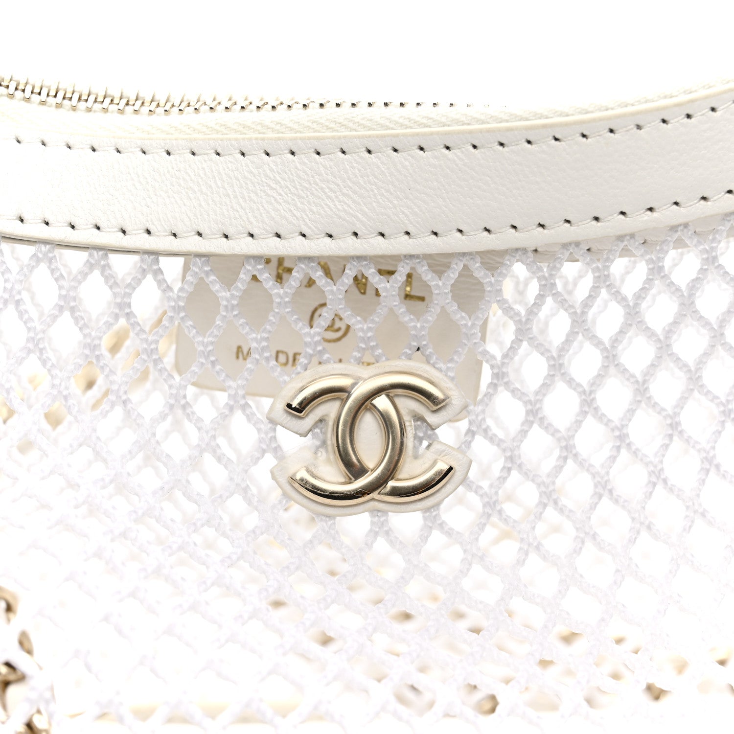 Mesh Shiny Lambskin Chain Hobo White