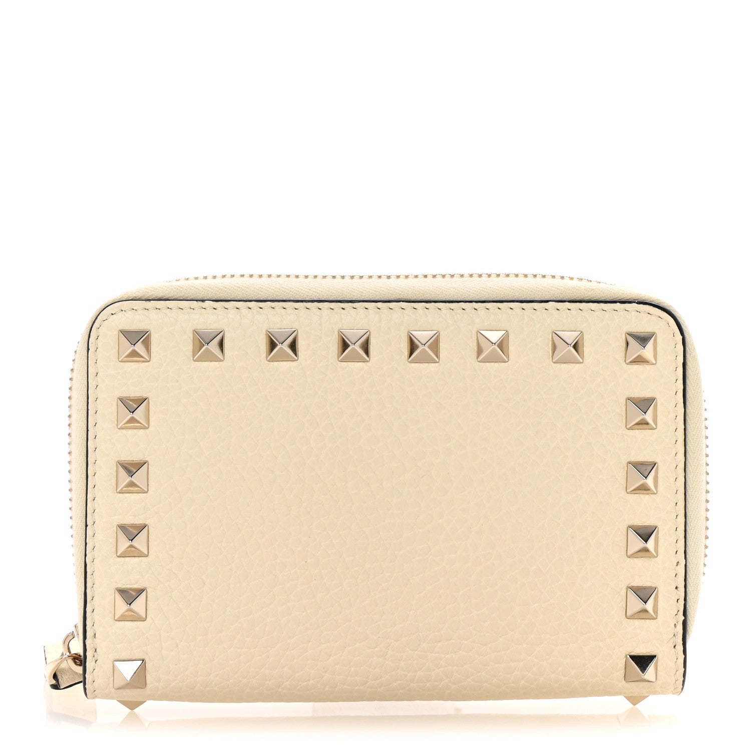 Pebbled Calfskin Rockstud Compact Zip Around Wallet Light Ivory