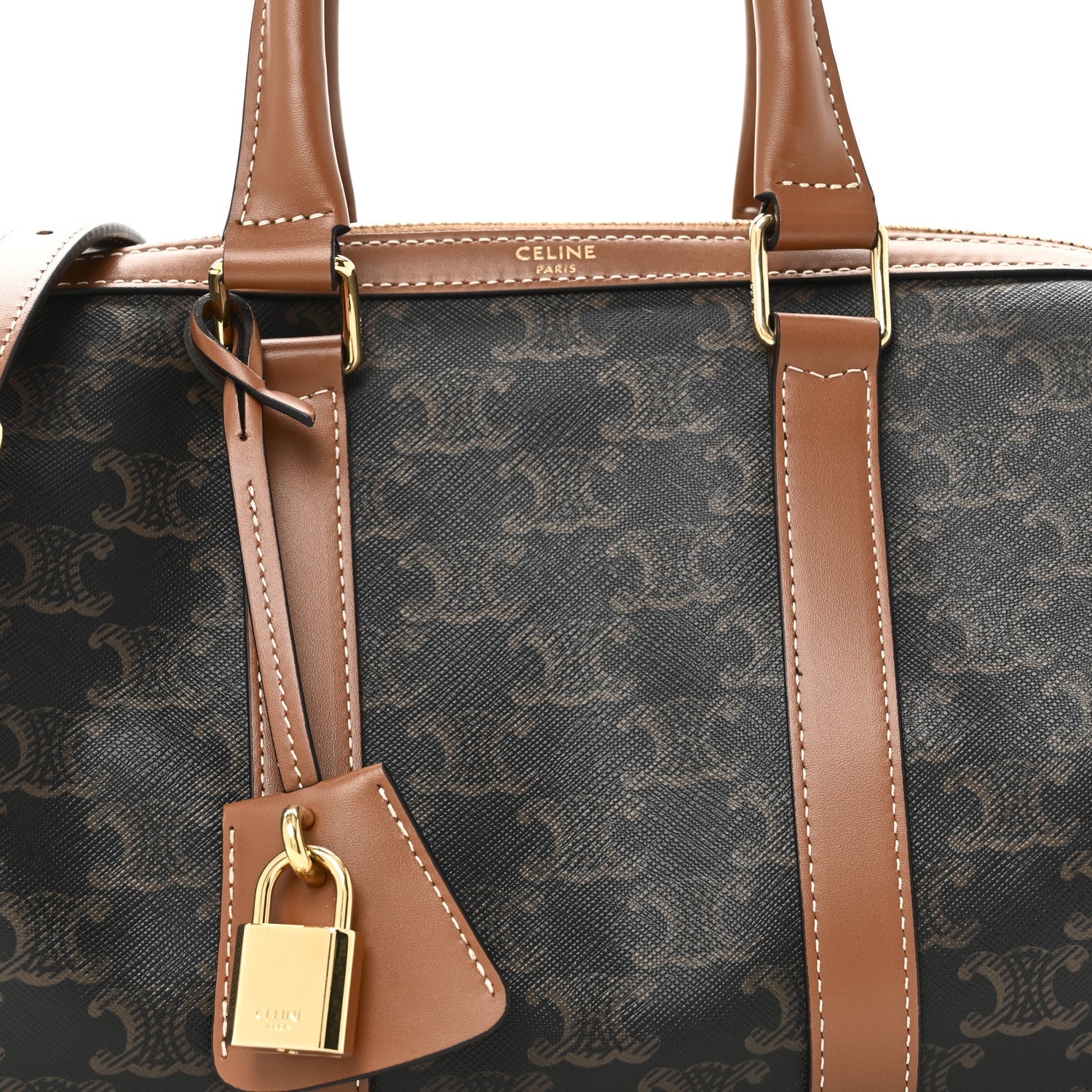 Triomphe Canvas Calfskin Medium Boston Bag Tan