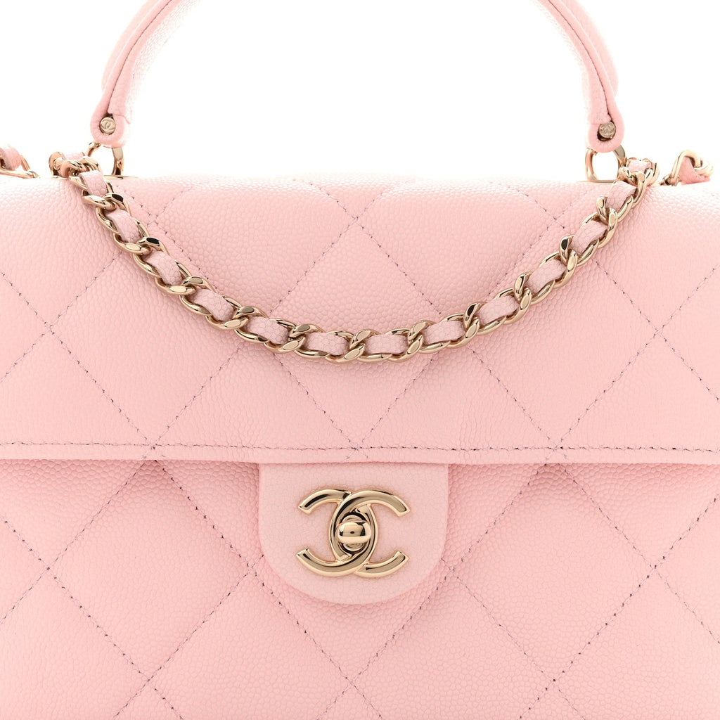 Caviar Quilted Retro Mini Twist Top Handle Clutch Flap Light Pink