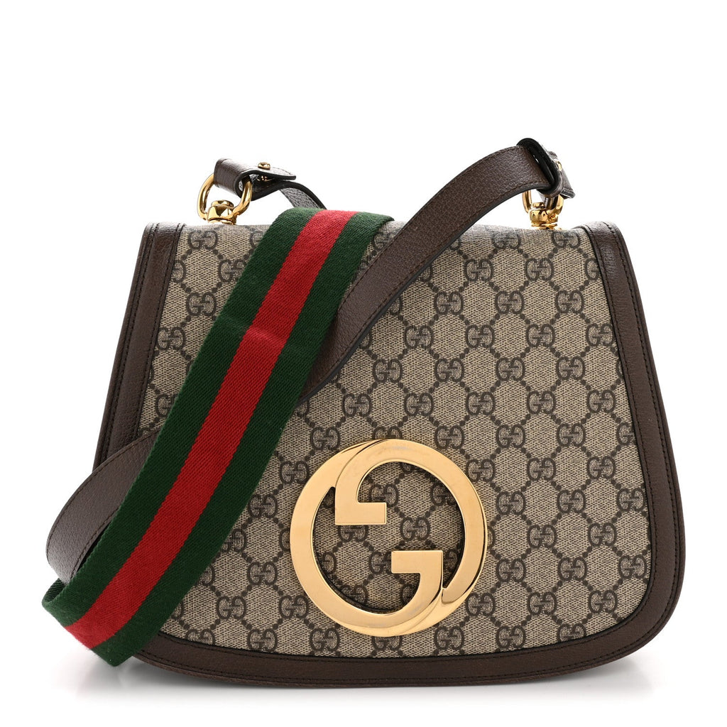 GG Supreme Monogram Textured Dollar Calfskin Web Medium Blondie Shoulder Flap Bag Beige Ebony New Acero