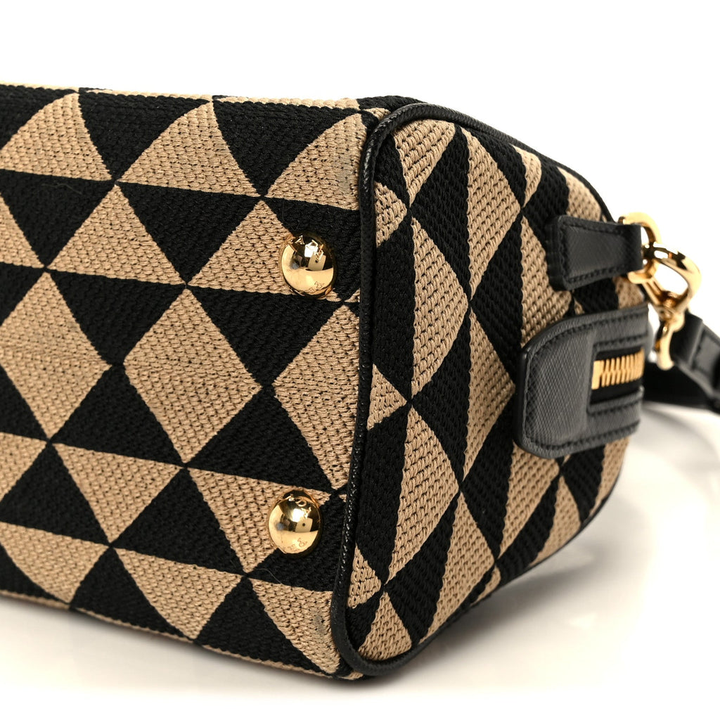 Jacquard Saffiano Triangolo Symbole Embroidered Top Handle Crossbody Bag Black Corda