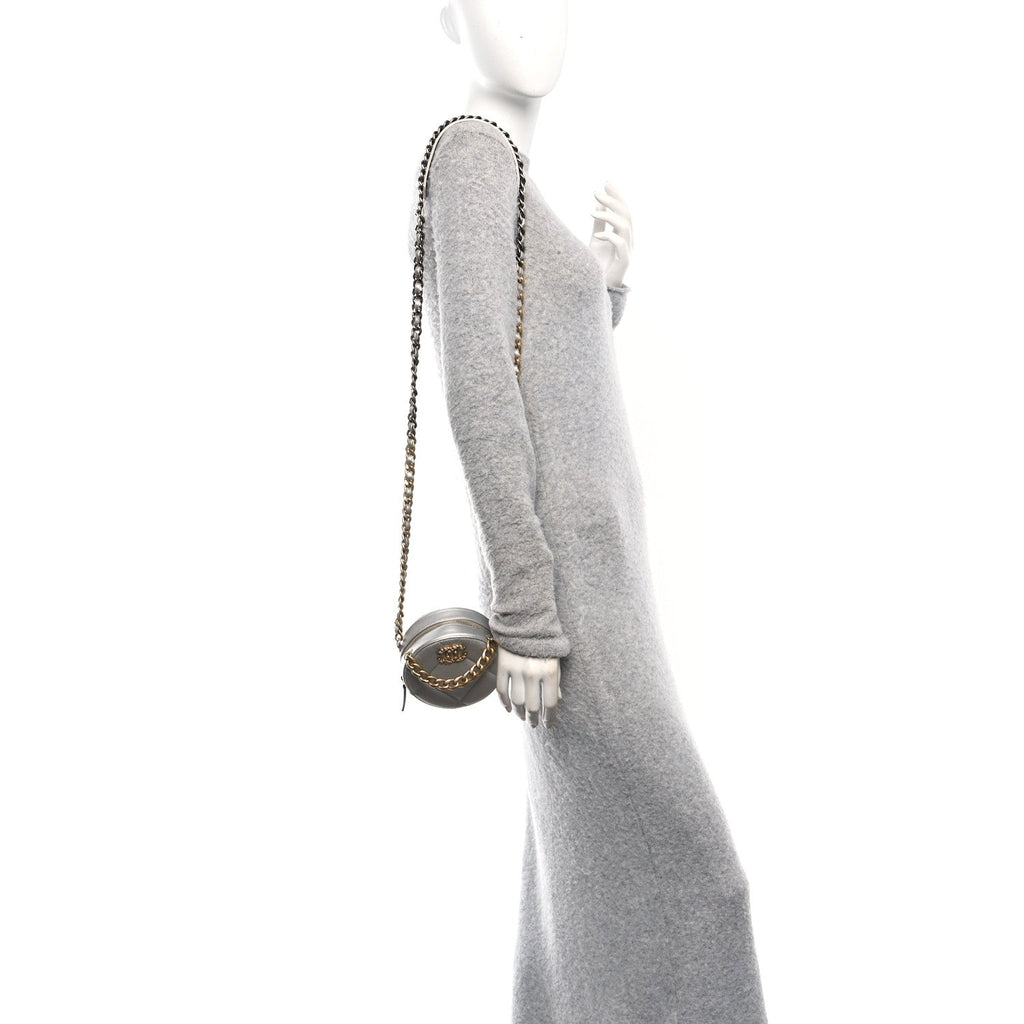 Metallic Lambskin Quilted Chanel 19 Round Clutch With Chain Silver