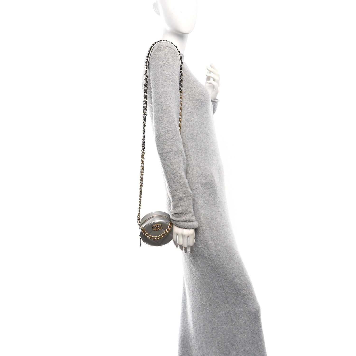 Metallic Lambskin Quilted Chanel 19 Round Clutch With Chain Silver