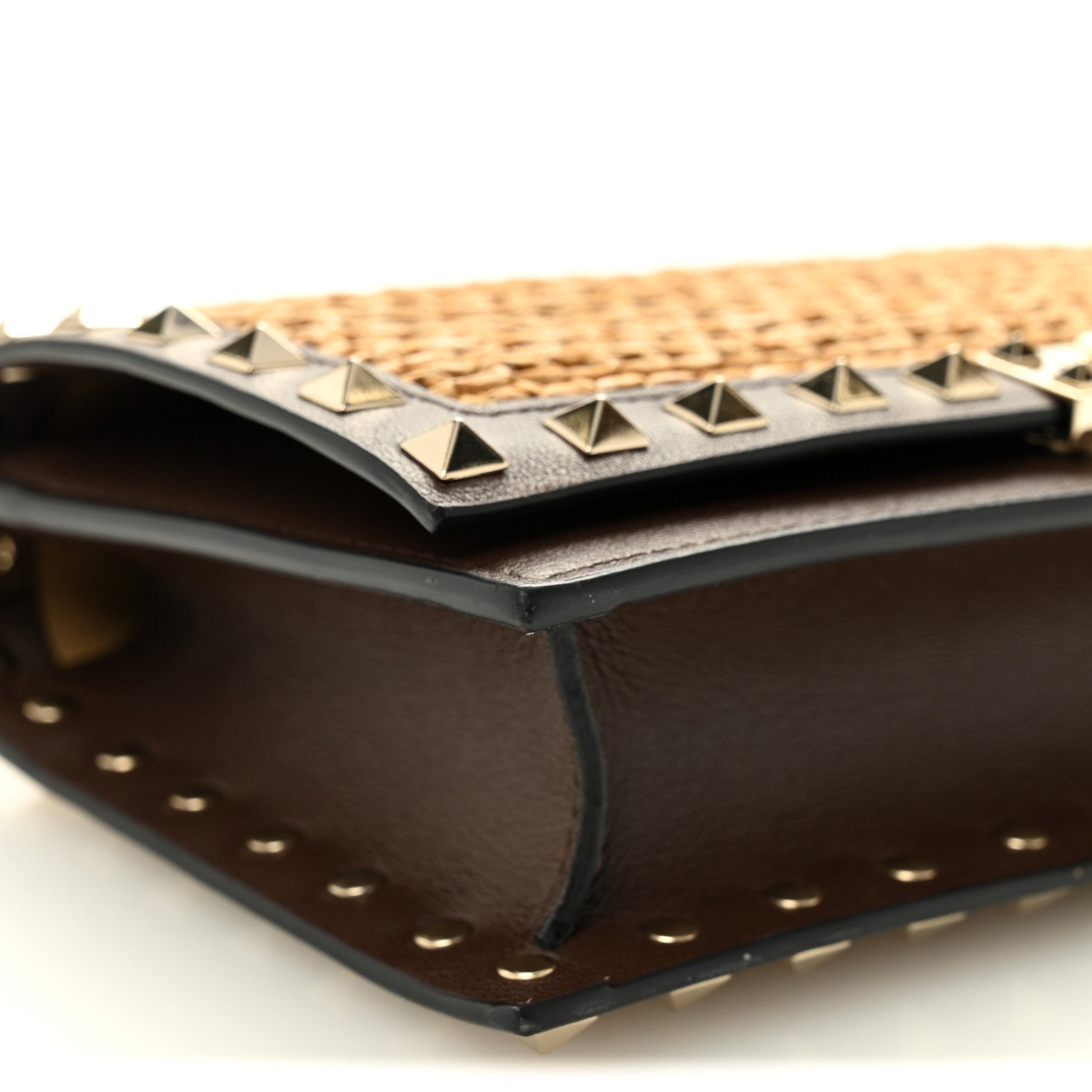 Raffia Calfskin Rockstud Wallet On Chain Pouch Natural Brown