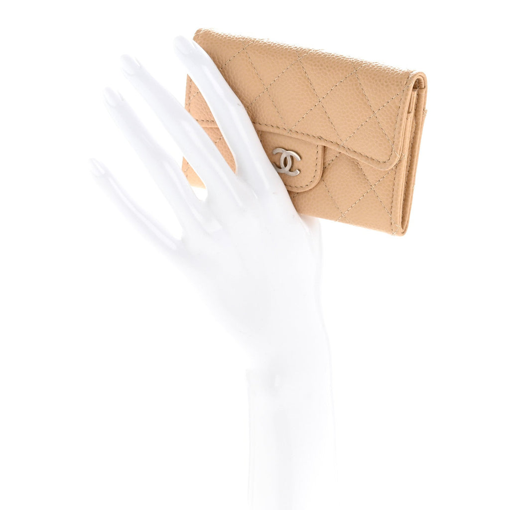 Caviar Quilted Flap  Holder Wallet Beige
