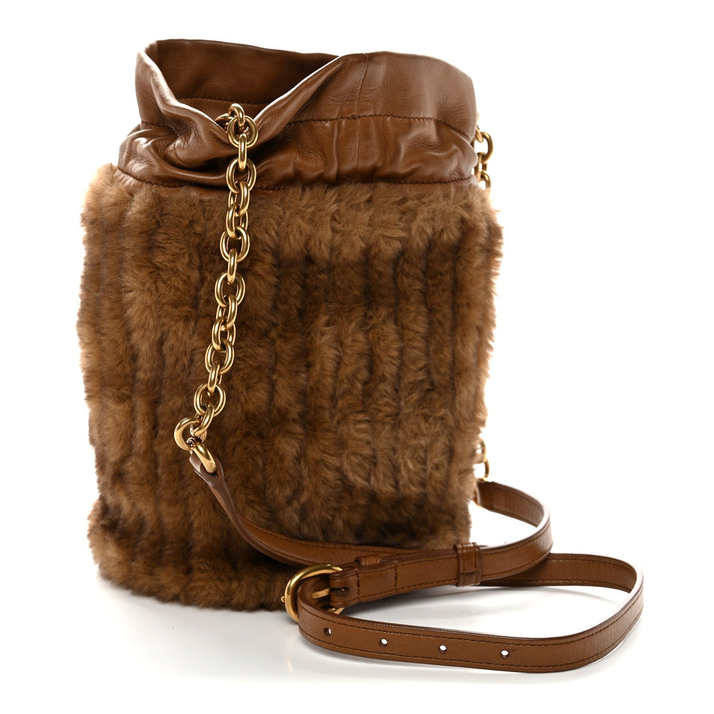 Faux Fur Lambskin Bucket Bag Brown Chocolate