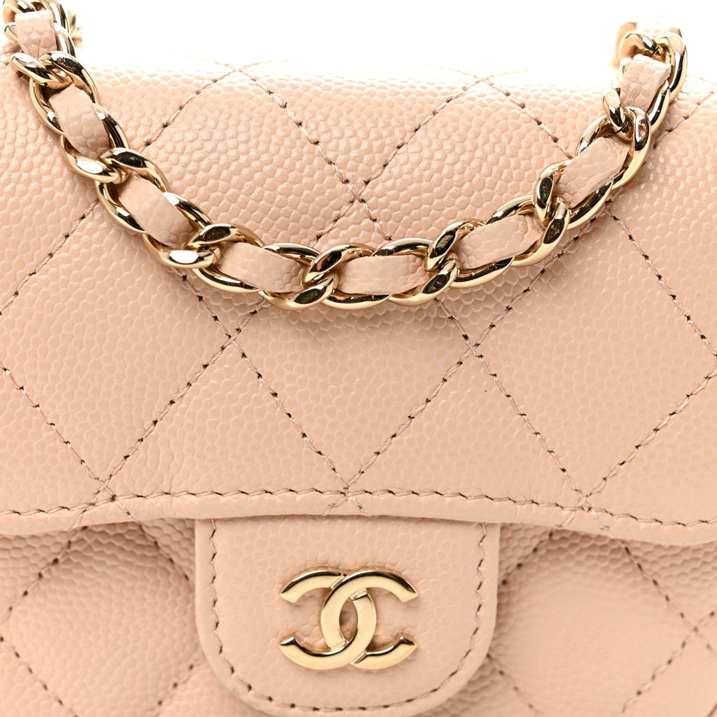 Caviar Quilted Mini Clutch With Chain Light Beige