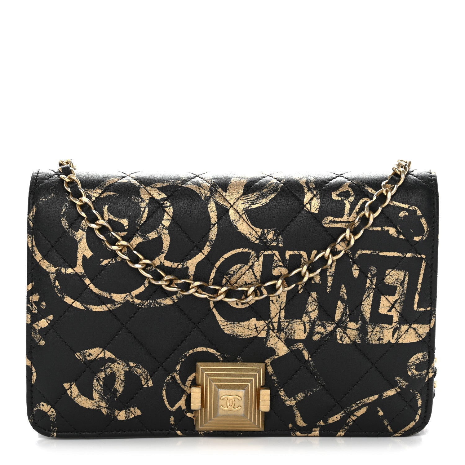 Calfskin Quilted Graffiti Pyramid Wallet On Chain WOC Black