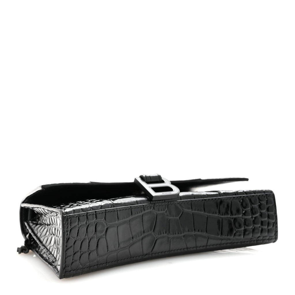 Shiny Calfskin Monochrome Crocodile Embossed Small Hourglass Evening Chain Bag Black