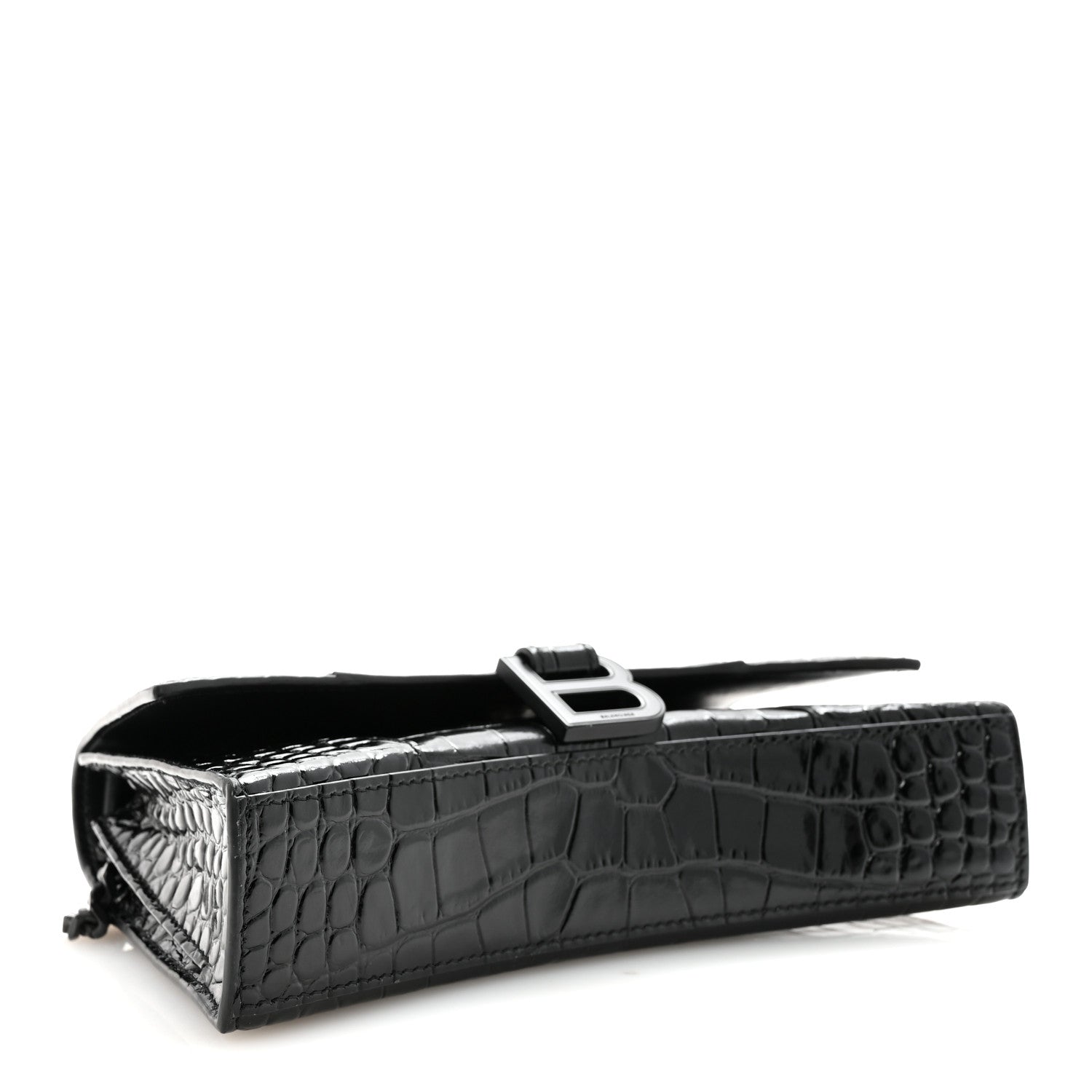 Shiny Calfskin Monochrome Crocodile Embossed Small Hourglass Evening Chain Bag Black