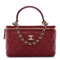 Lambskin Quilted Small Top Handle Vanity Case With Chain Burgundy