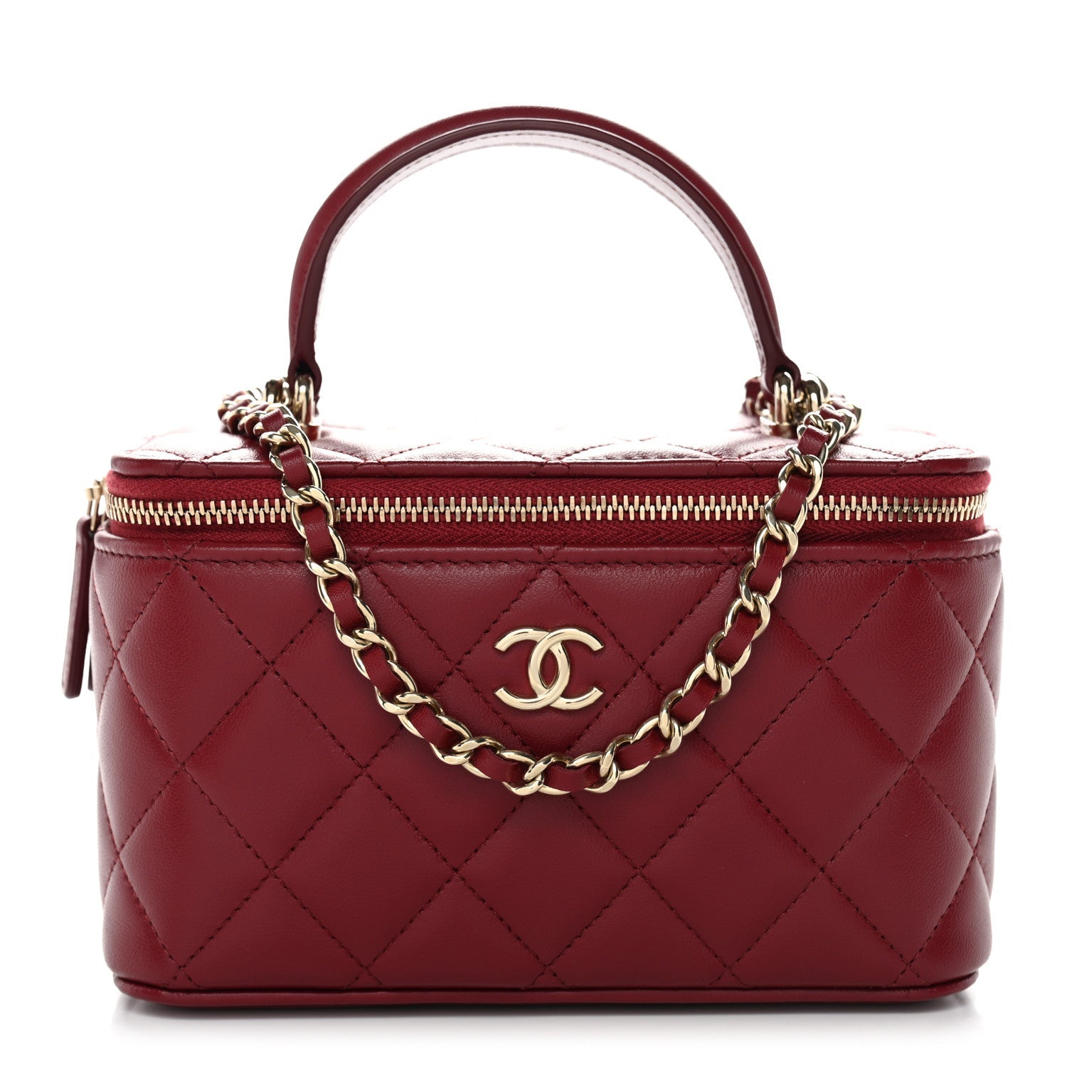 Lambskin Quilted Small Top Handle Vanity Case With Chain Burgundy