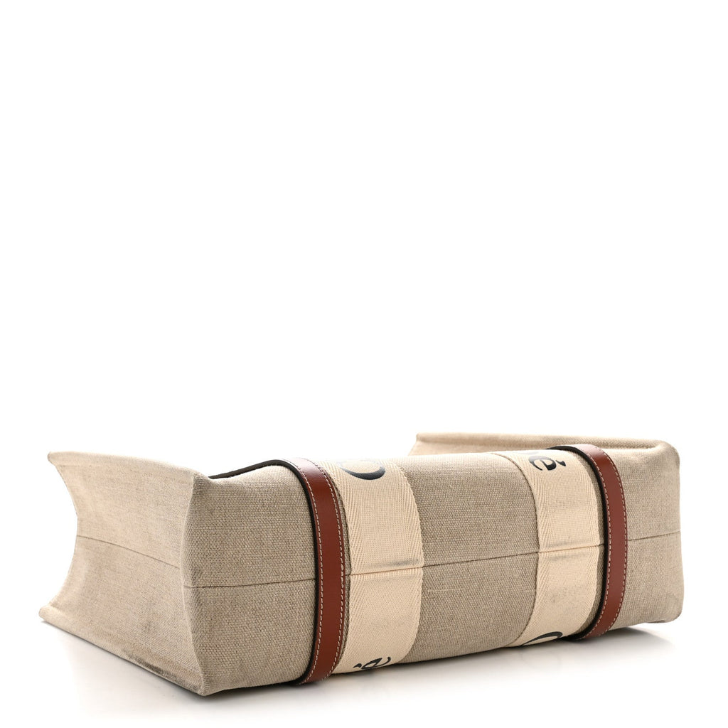 Linen Calfskin Medium Woody Ribbon Tote White Brown
