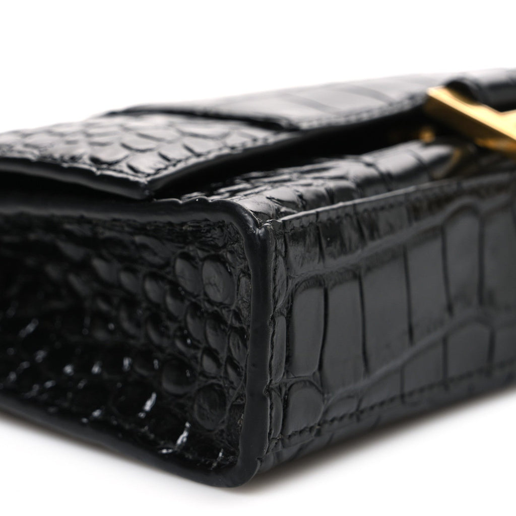 Shiny Calfskin Crocodile Embossed Hourglass Chain Bag Black