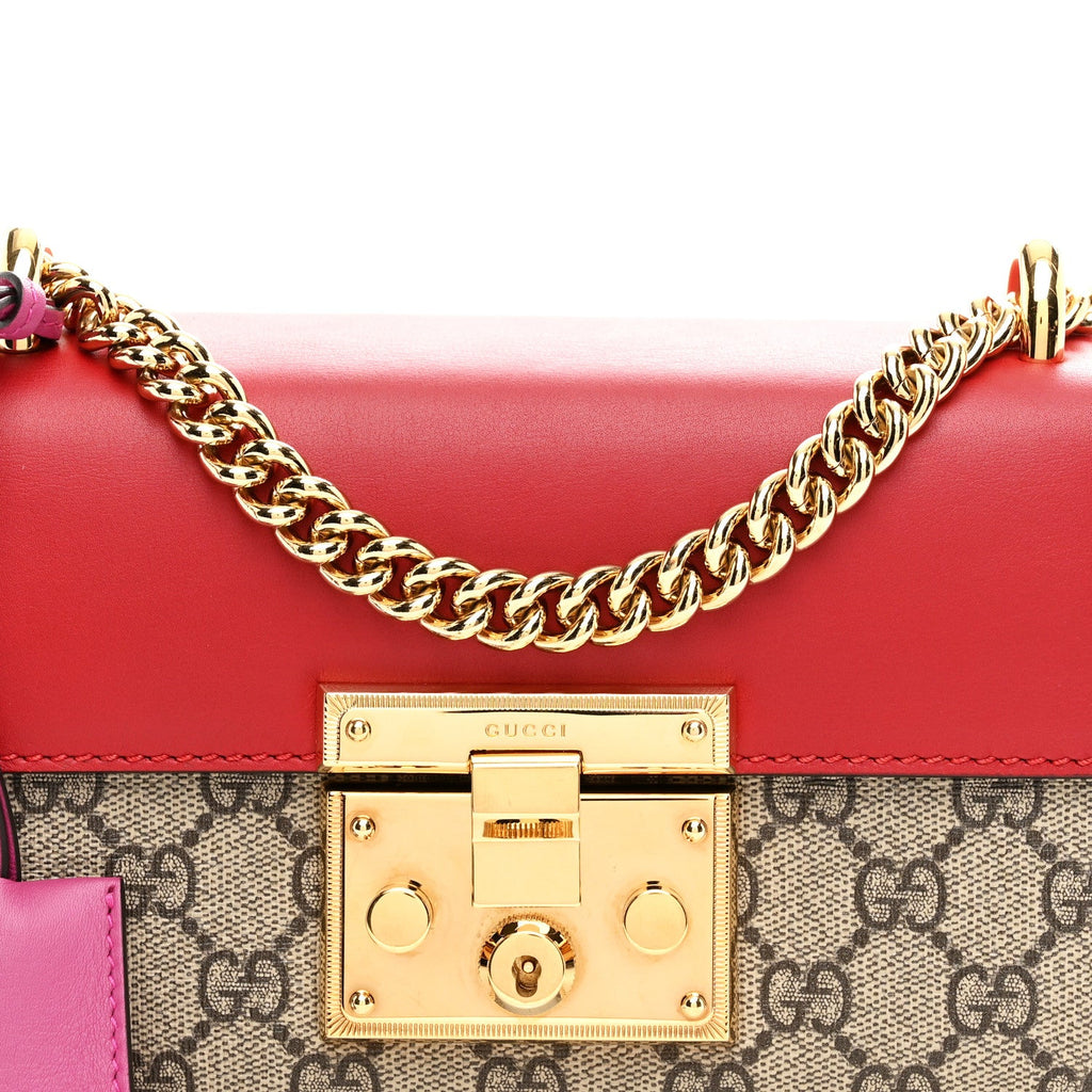 GG Supreme Monogram Calfskin Small Padlock Shoulder Bag Beige Hibiscus Red New Rosette