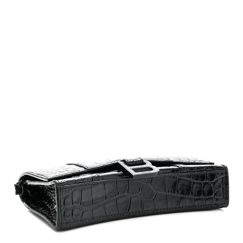 Shiny Calfskin Monochrome Crocodile Embossed Hourglass Chain Bag Black