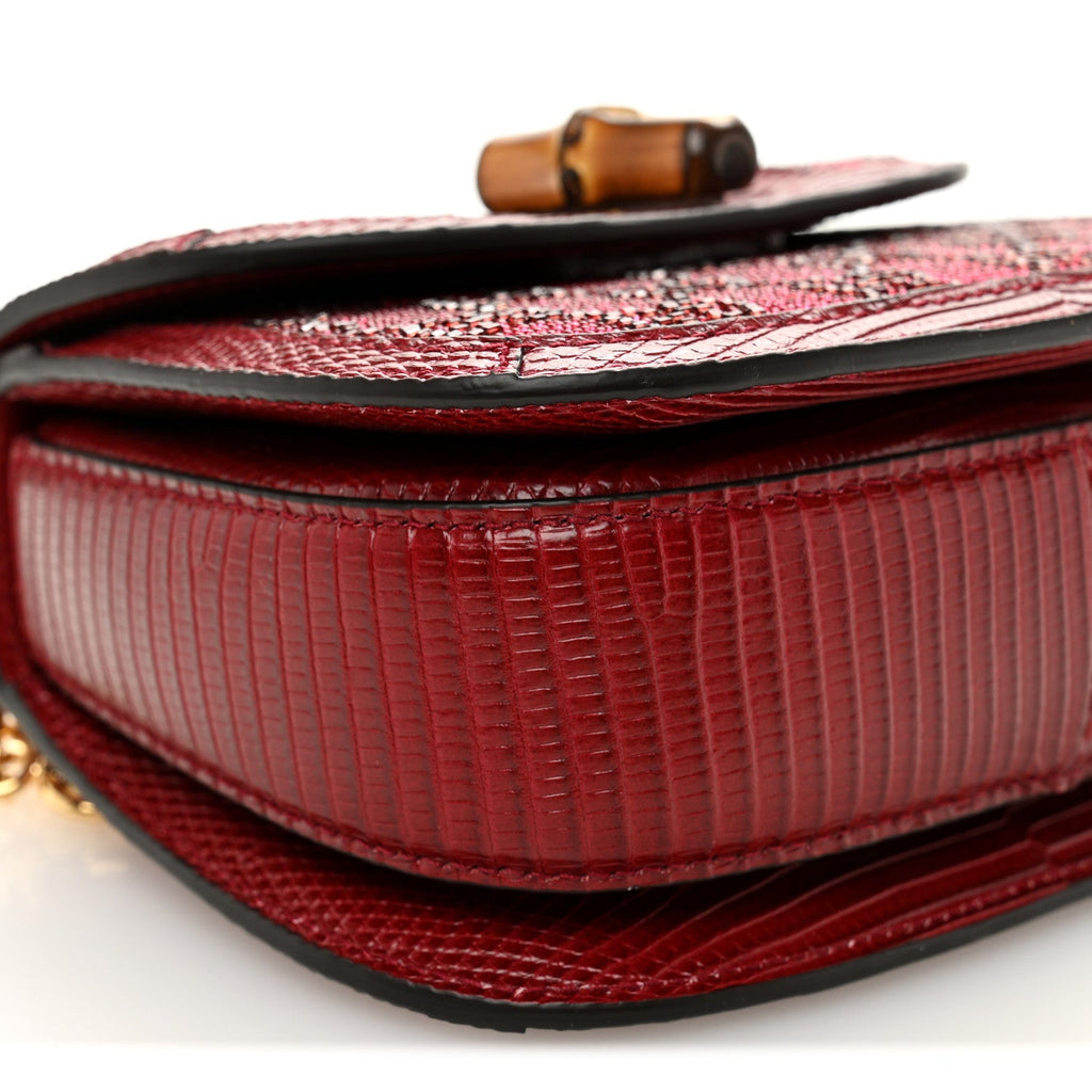 Moire Fabric Calfskin Rhinestone Monogram Monochrome Lizard Embossed Mini Bamboo 1947 Top Handle Chain Bag Red