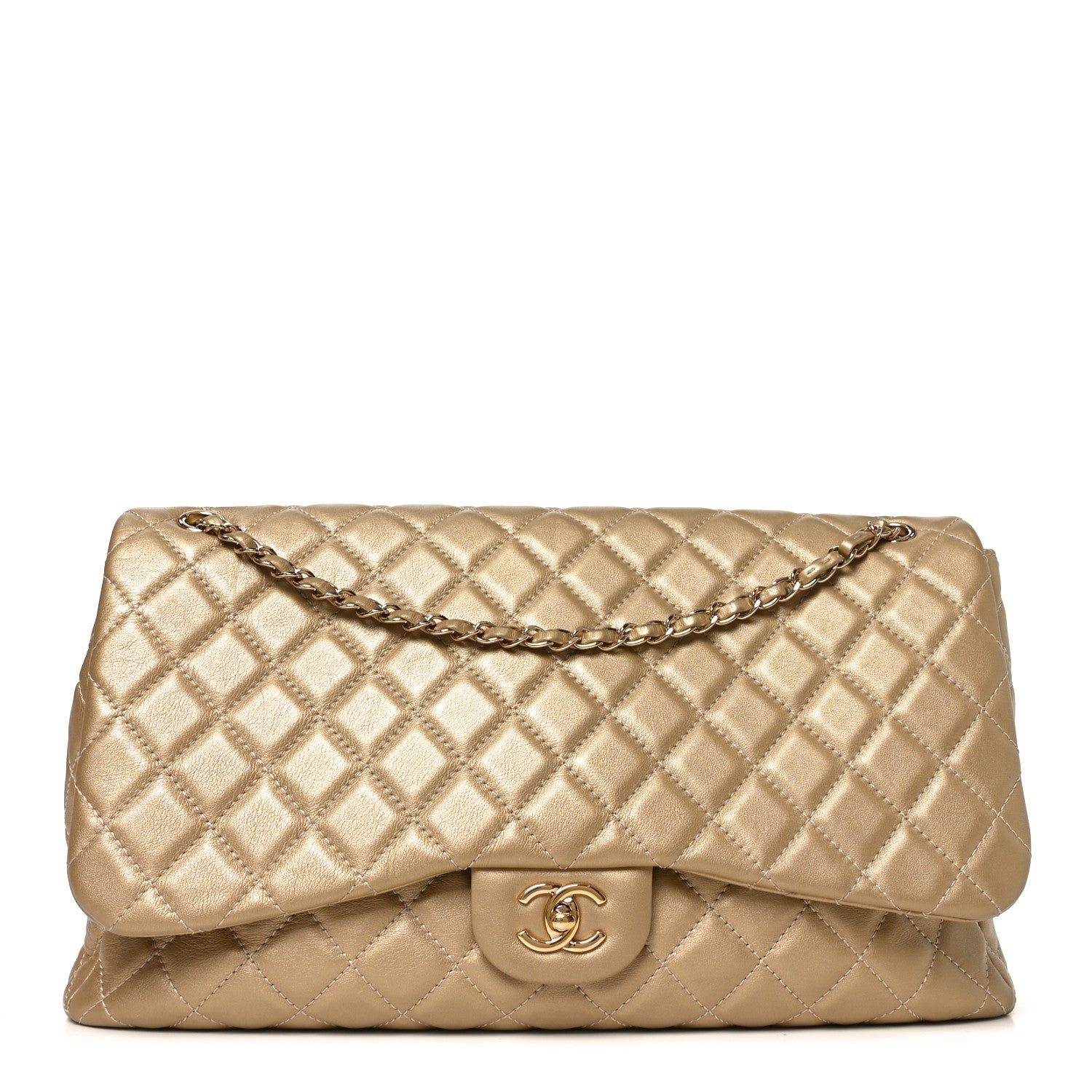 Metallic Calfskin Quilted Small XXL Travel Flap Bag Gold