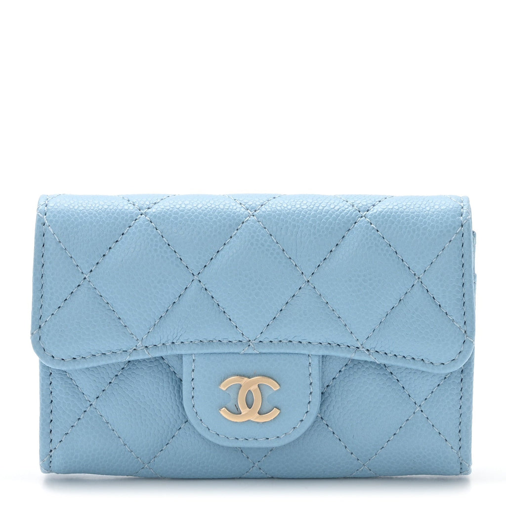 Caviar Quilted Flap  Holder Wallet Light Blue