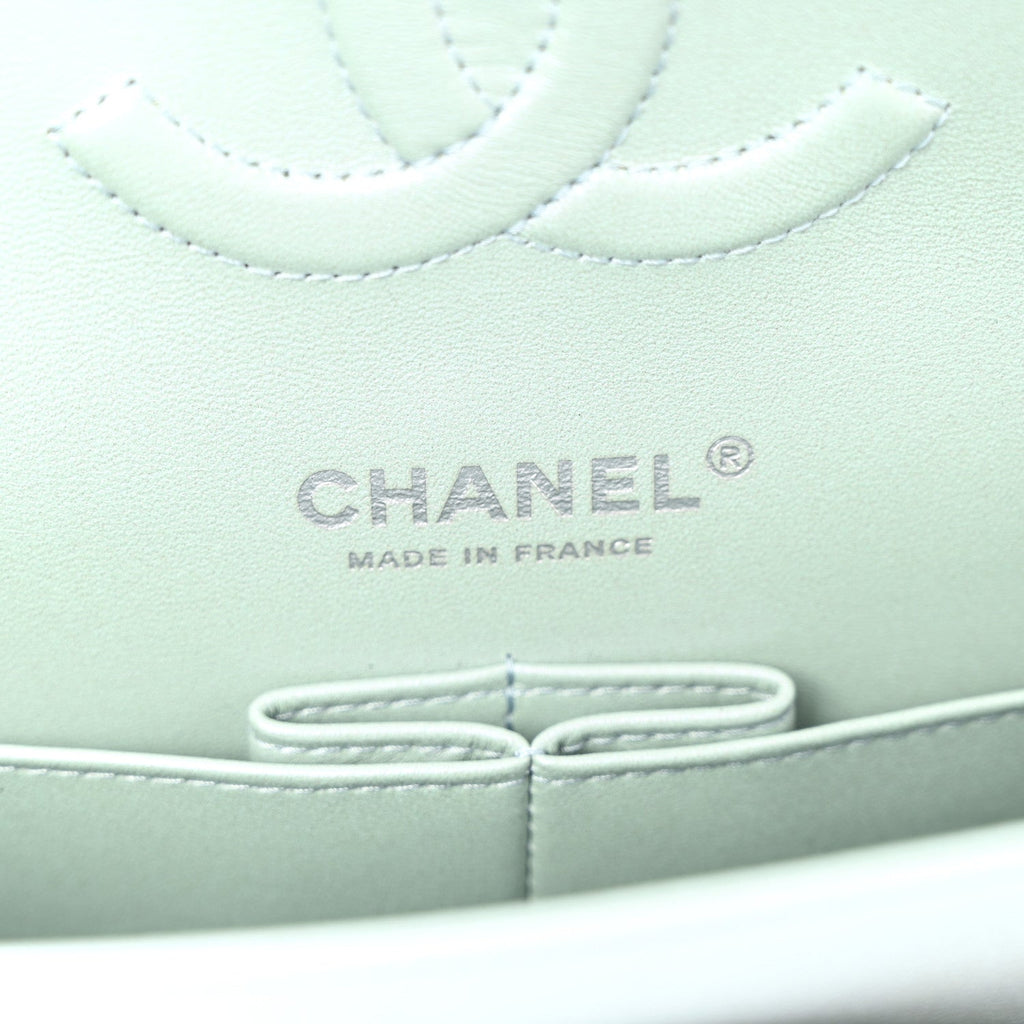 Iridescent Calfskin Quilted Medium Double Flap Light Blue