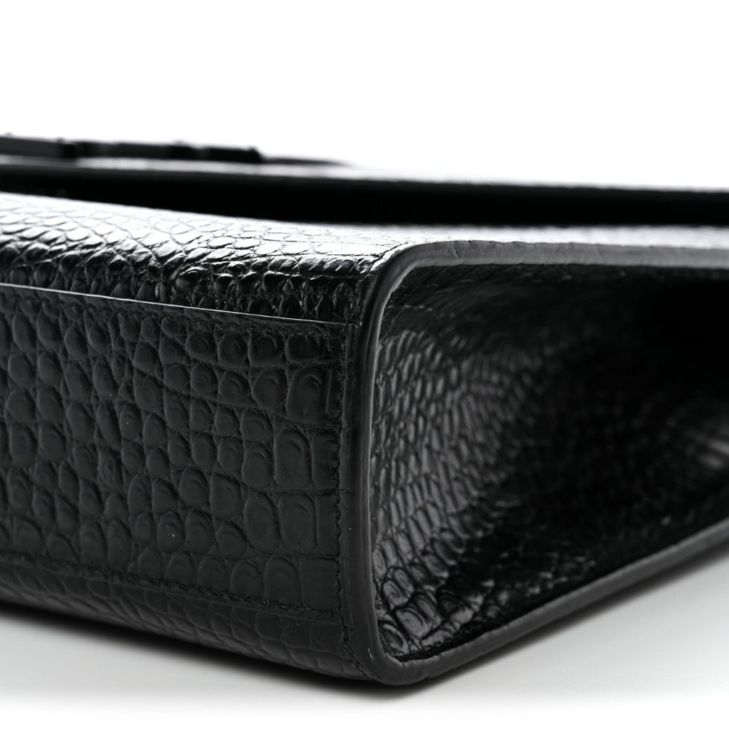 Calfskin Crocodile Embossed Monogram Large Satchel Black