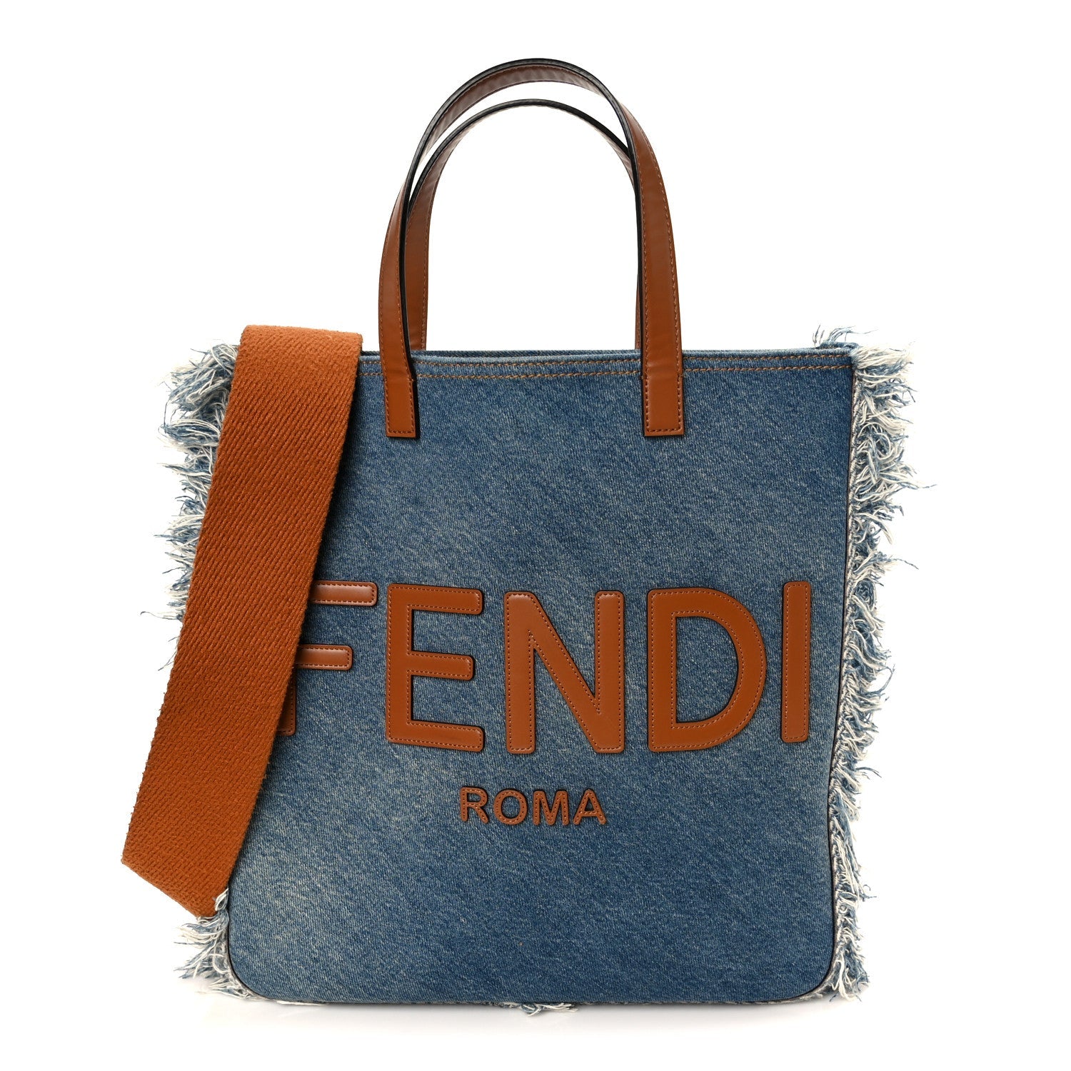 Denim Lavato Vitello King Logo Embroidered Frayed Tote Denim Chiaro Cuoio