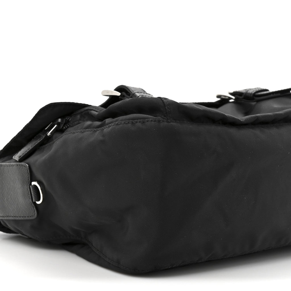 Re-Nylon Vela Saffiano Pocket Double Buckle Messenger Shoulder Bag Black