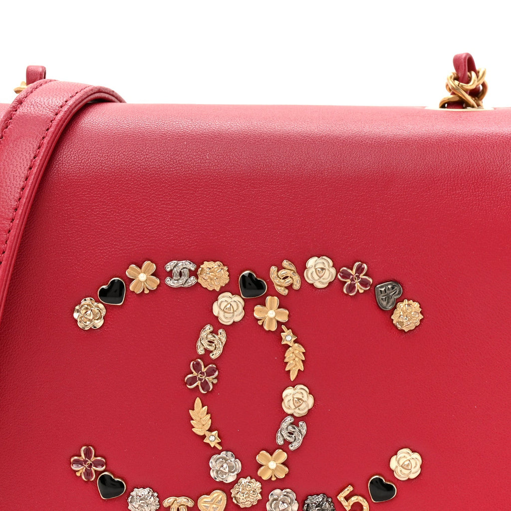 Lambskin Quilted Lucky Charms CC Crossbody Messenger Flap Red
