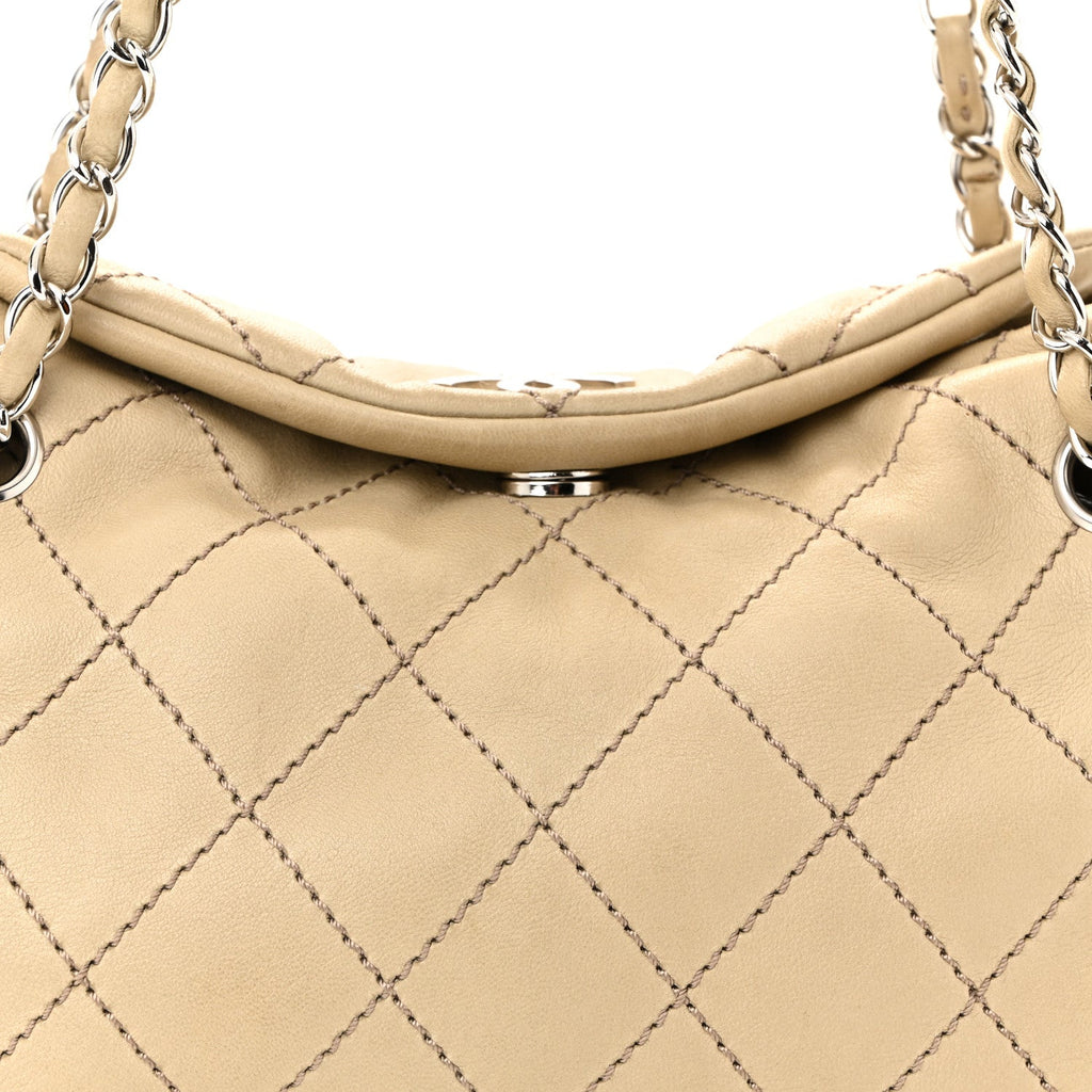 Lambskin Stitched Accordion Tote Beige
