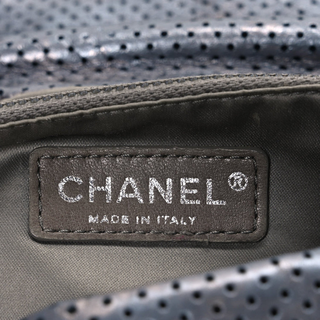 Metallic Crackled Calfskin Perforated Drill Flap Silver