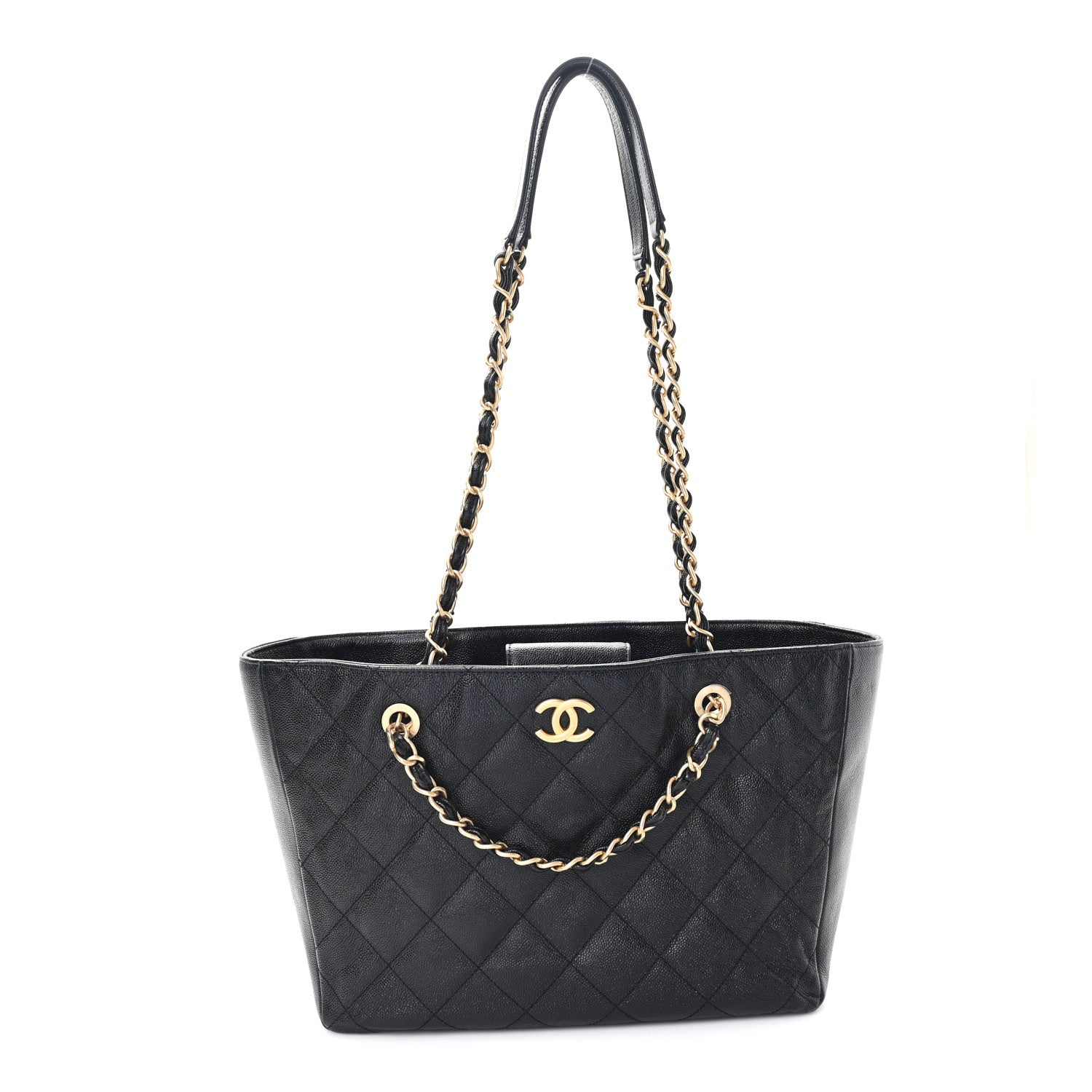 Caviar Quilted Small Trapezoid Chain Shopping Tote Black