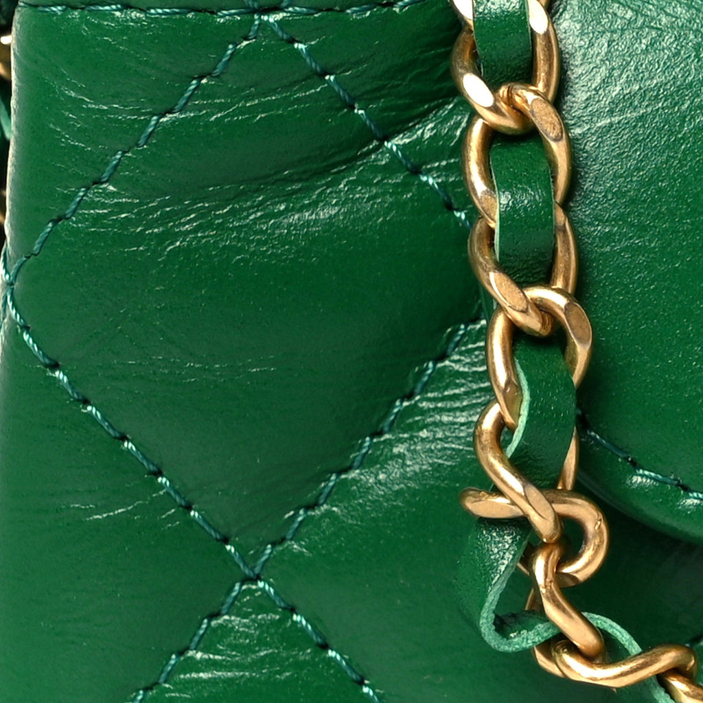 Shiny Aged Calfskin Quilted Mini Nano Kelly Shopper Green