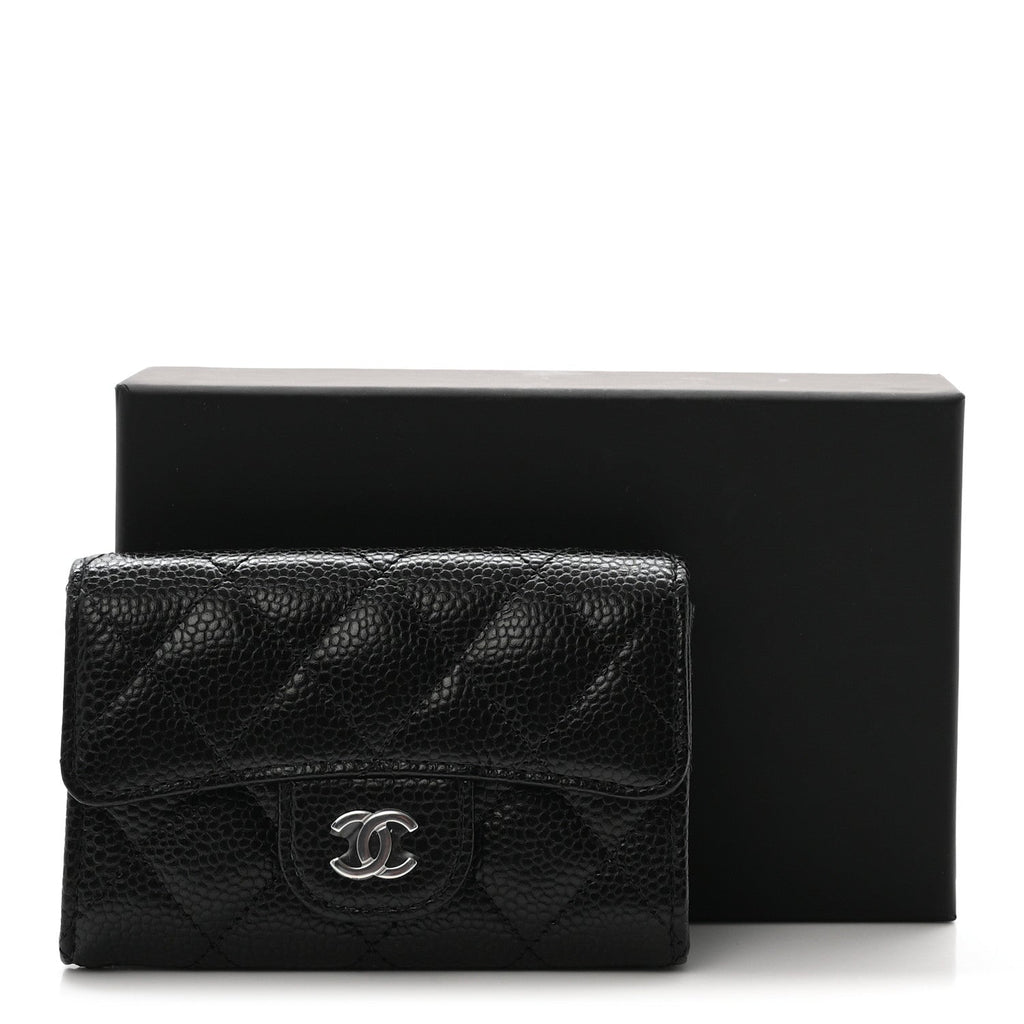Caviar Quilted Flap  Holder Wallet Black