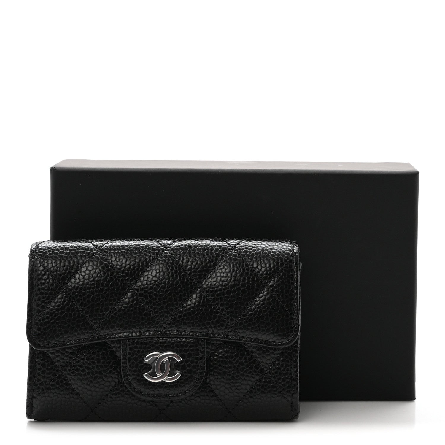 Caviar Quilted Flap  Holder Wallet Black