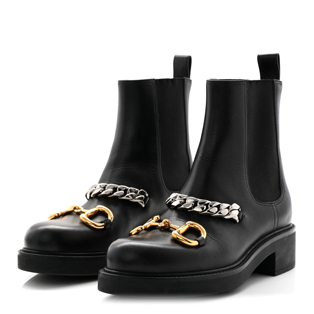 Flores Calfskin Horsebit Chain Ankle Boots 35.5 Black
