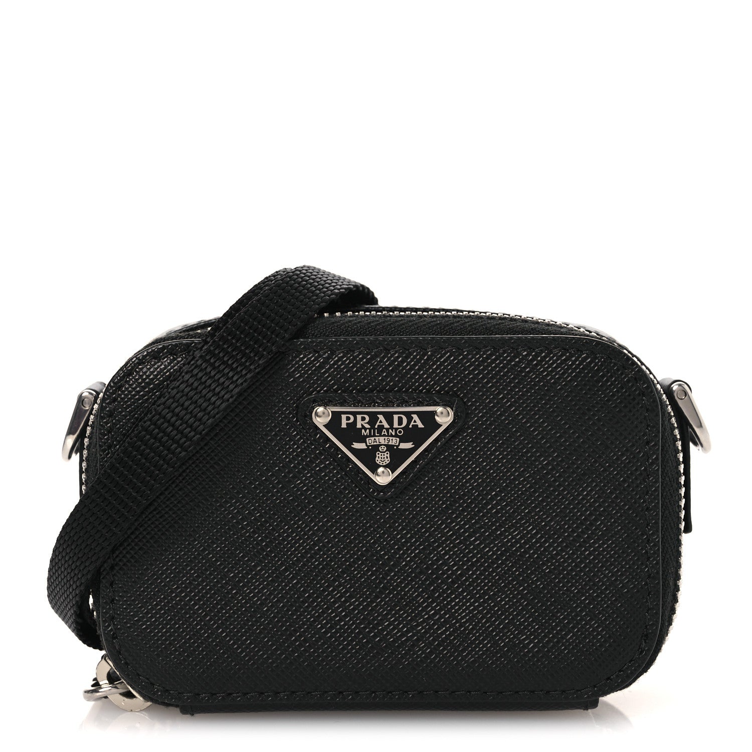 Saffiano Travel Metal Triangle Logo Mini Pouch Shoulder Bag Black