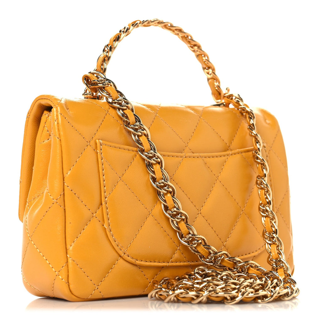 Shiny Lambskin Quilted Golden Links Top Handle Flap Yellow