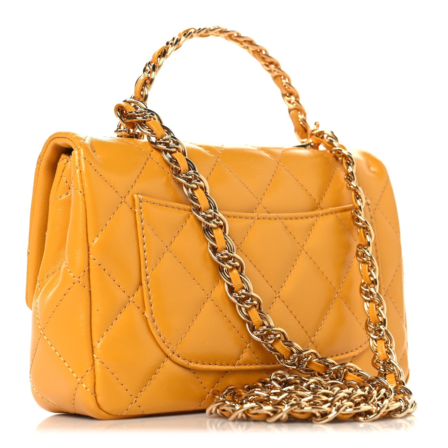 Shiny Lambskin Quilted Golden Links Top Handle Flap Yellow