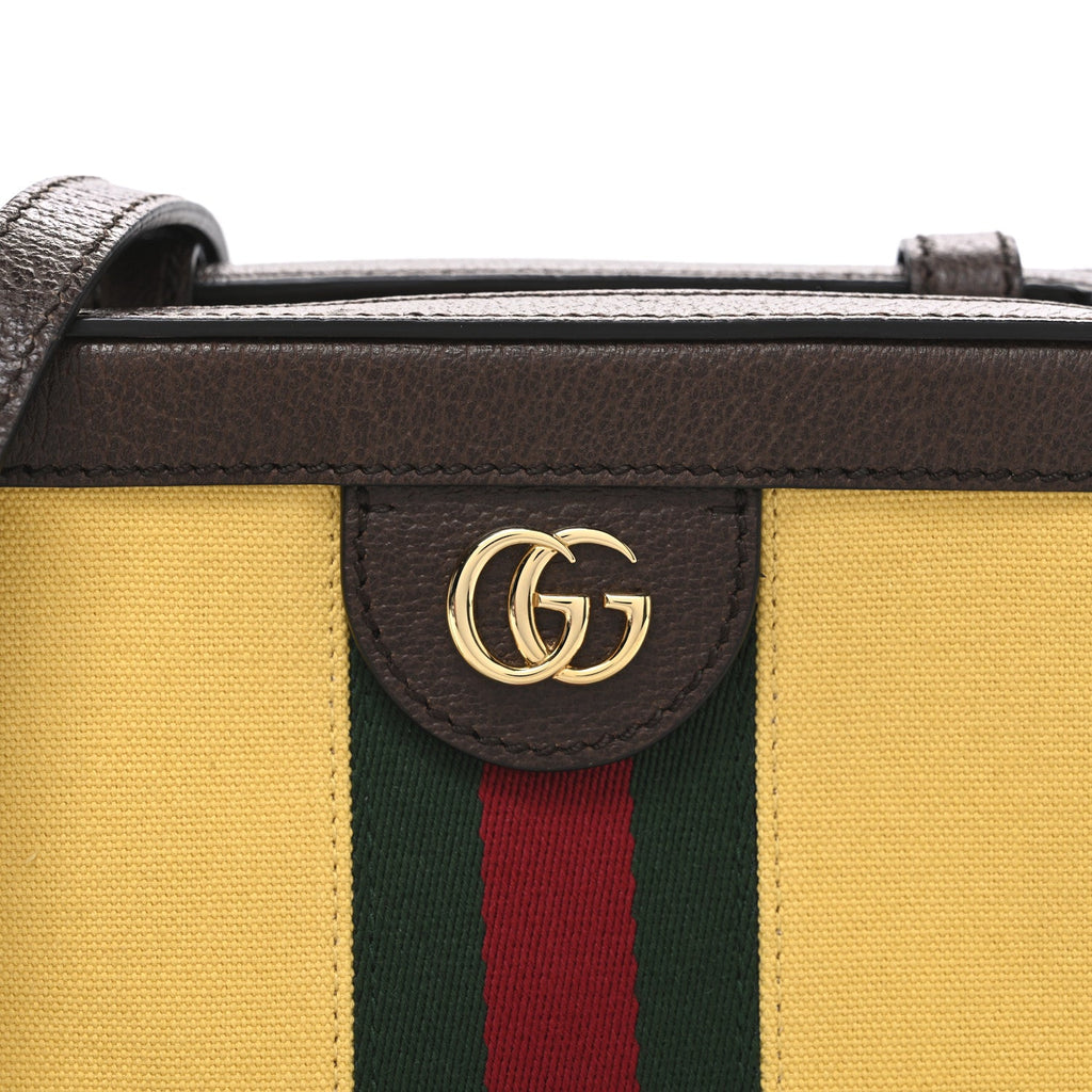 Canvas Textured Calfskin Web Mini Ophidia Top Handle Shoulder Bag Easy Yellow Dark Brown