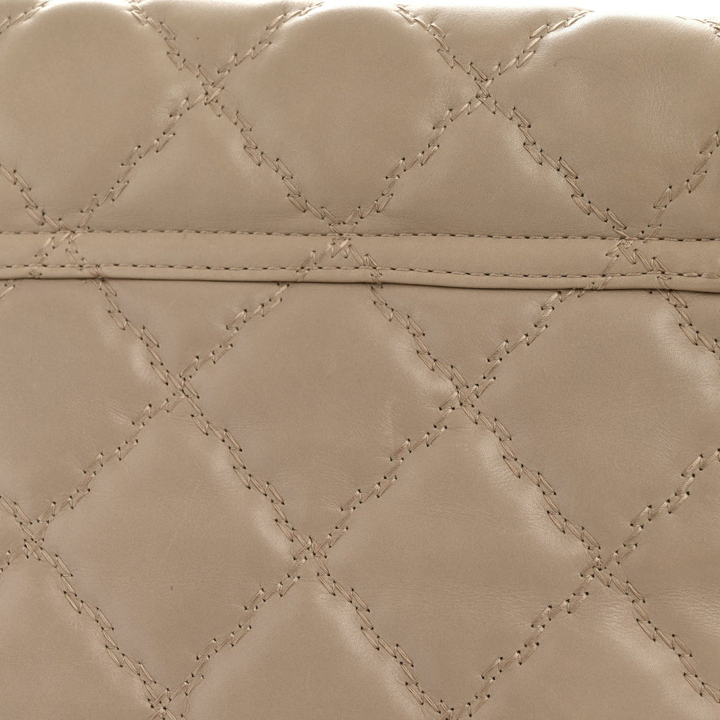 Calfskin Double Stitch Large Hamptons Flap Bag Beige