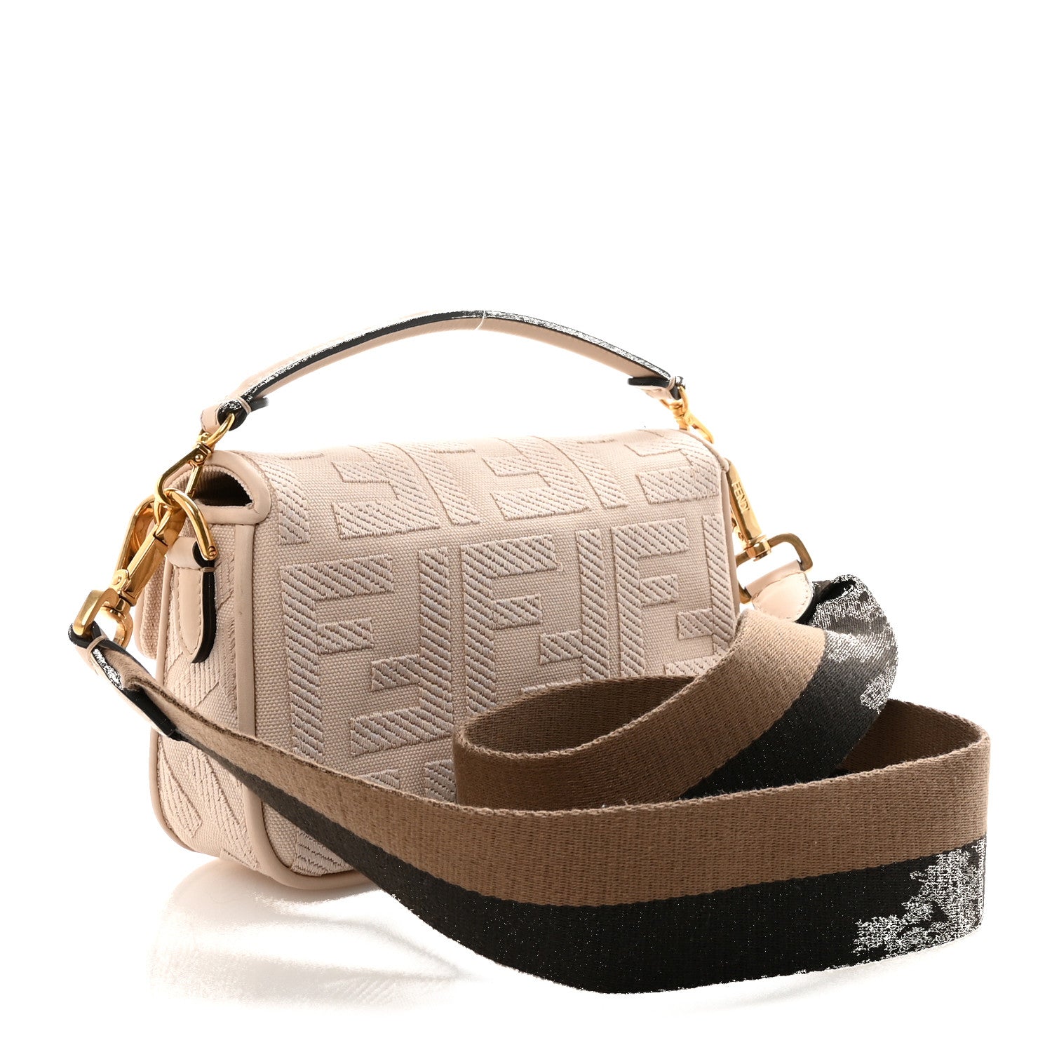 Canvas Vitello King Bi-Color Strap FF Embroidered Mini Baguette Poudre