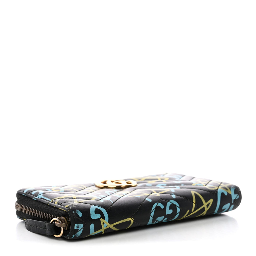Calfskin Matelasse GucciGhost GG Marmont Zip Around Wallet Black New Acquamarine