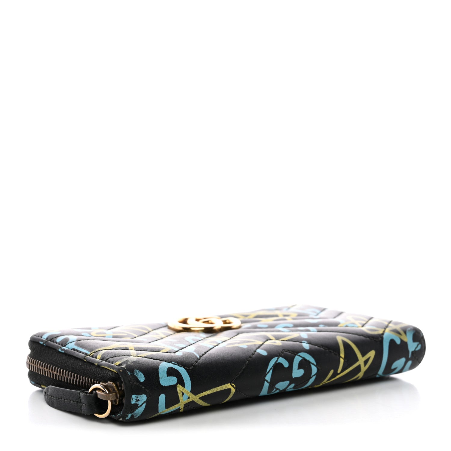 Calfskin Matelasse GucciGhost GG Marmont Zip Around Wallet Black New Acquamarine