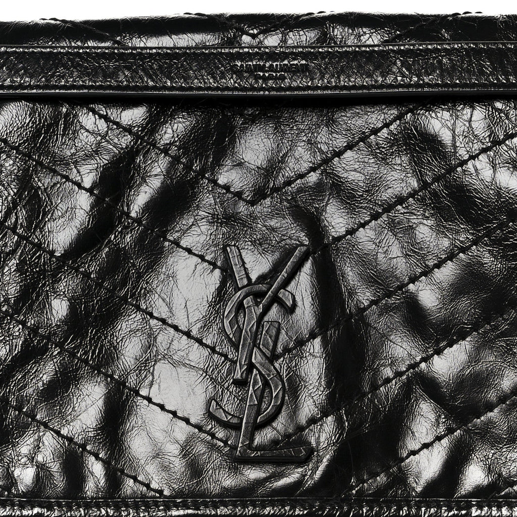 Crinkled Calfskin Matelasse Monogram Large Niki Chain Satchel Black