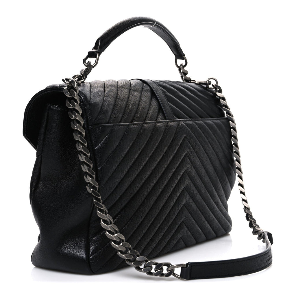 Sheepskin Matelasse Chevron Monogram Large College Satchel Black