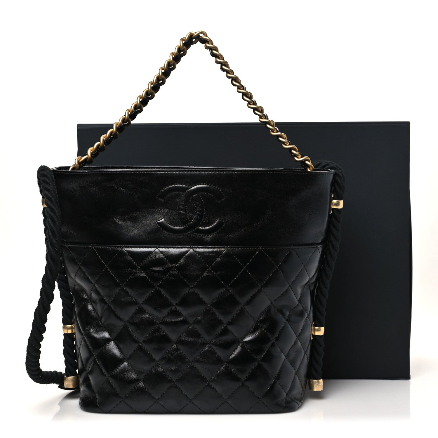 Crumpled Calfskin En Vogue Rope Hobo Bag Black