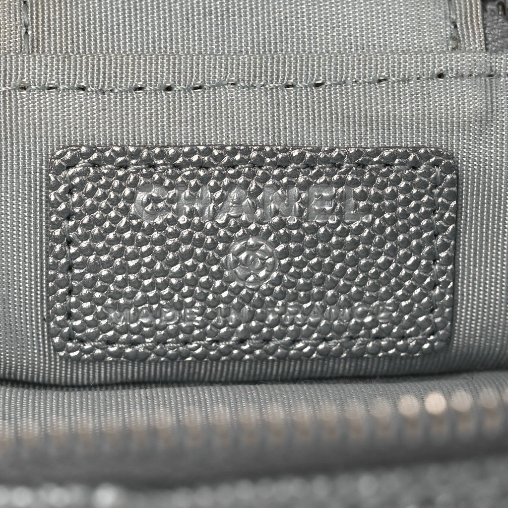 Metallic Caviar Quilted Mini Top Handle Vanity With Chain Silver