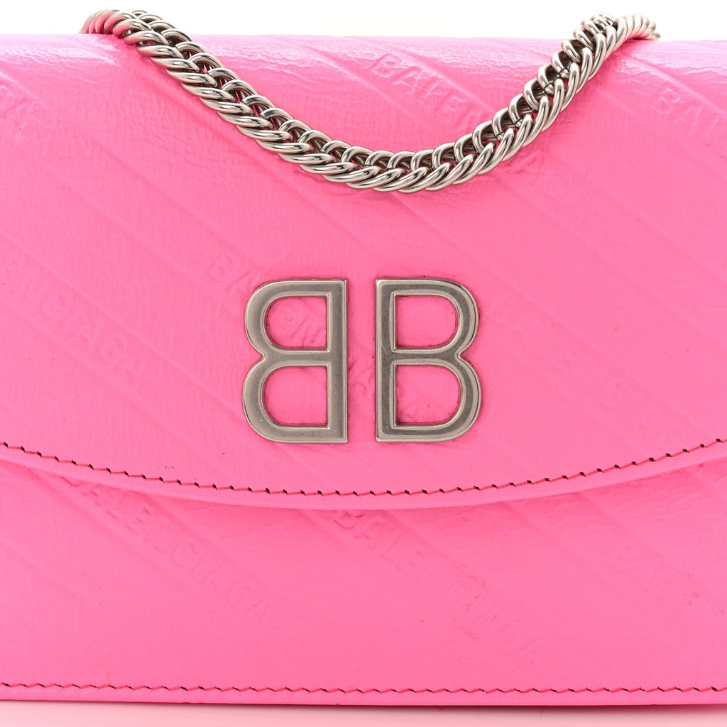 Shiny Goatskin Logo Embossed BB Wallet On Chain Acid Pink