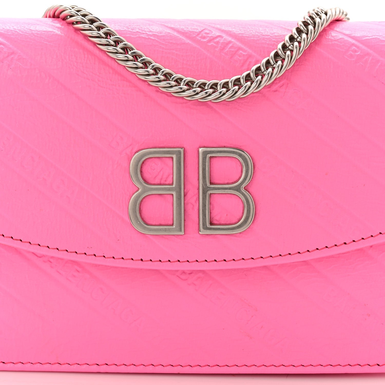 Shiny Goatskin Logo Embossed BB Wallet On Chain Acid Pink